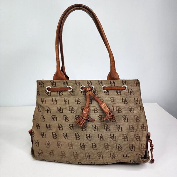 Dooney & Bourke Khaki Signature Monogram Canvas Tan Leather Tassel Tote - Picture 4 of 16